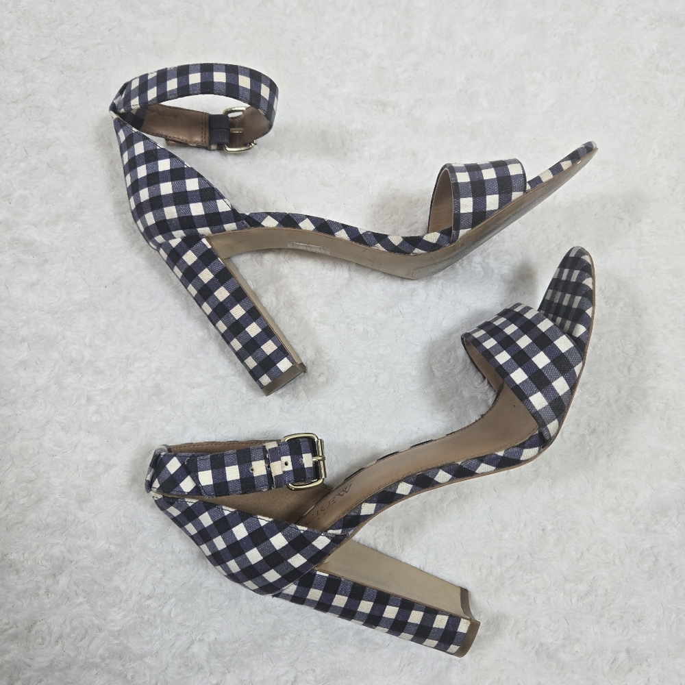 J Crew Gingham Heels Retro Chunky Ankle Strap Blue White Plaid - Picture 2 of 6
